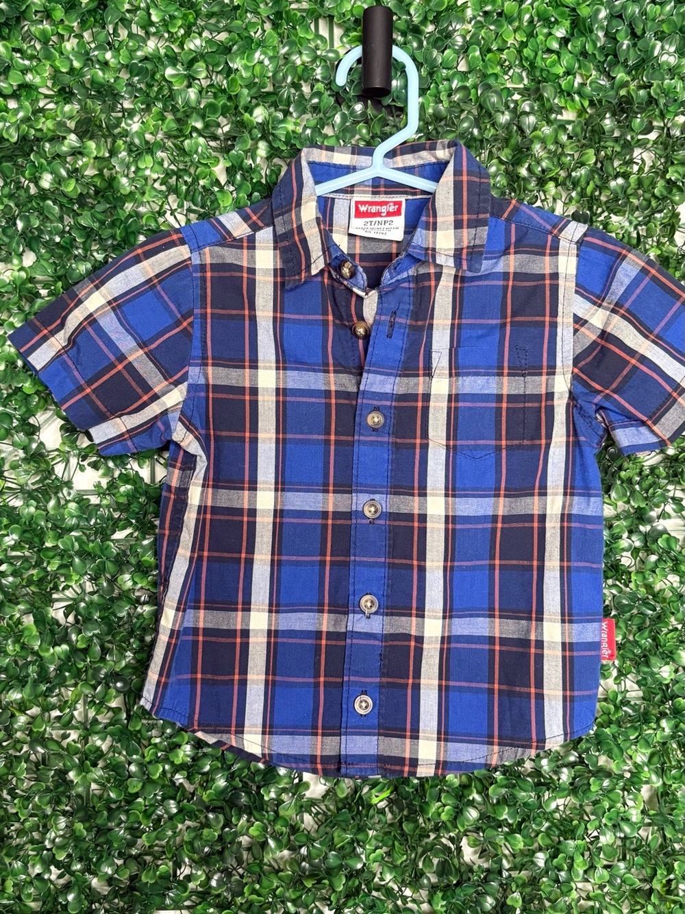 Wrangler Blue and Navy Plaid Short-Sleeve Button-Down Shirt for Kids